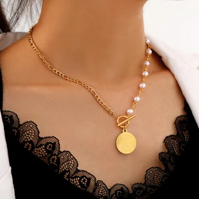 

High Quality Stainless Steel Pearl Link Chain Circle Pendant Necklace Pearl Beads Chain Round Boat Coin Necklace For Women
