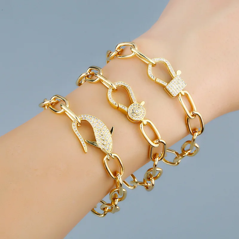 

European Hips Hops 18K Gold Plating Link Chain Cz Lock Bracelet Cuban Chain Cubic Zirconia Lobster Clasp Bracelet