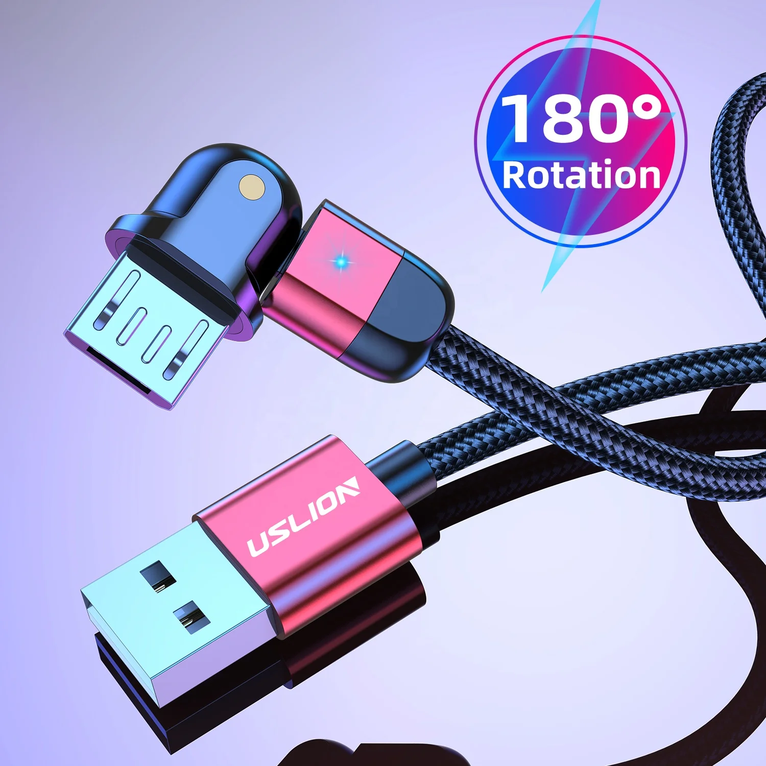 

USLION 6.6FT Wholesale On stock Mobile phone accessories 180 degree rotate cable Visible cell phone fast charging usb cable, Black/red/silver/purple