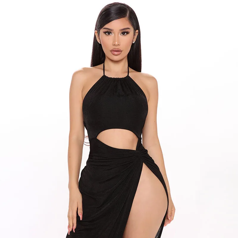 

Sexy Women Solid Color Halter Sleeveless Beach Hollow Out Waist Twist Split Maxi White Elegant Dress Summer, Picture color