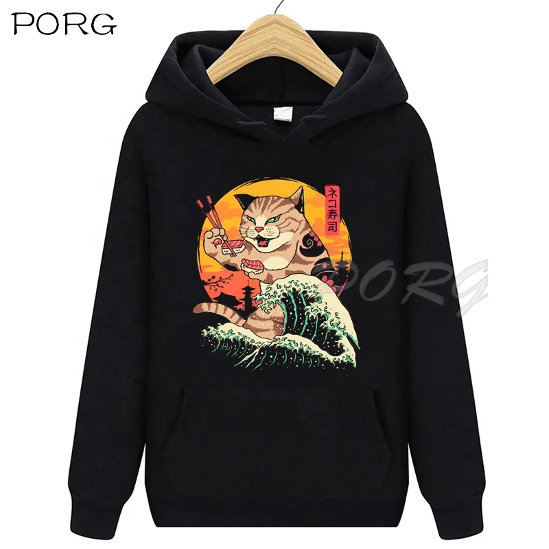 

Kawaii Catana Japanese Cat Sweatshirt Cool Man Sweatshirts Hood Casual Men's Hoodies Anime Hoodie Men Clothing, Black and white