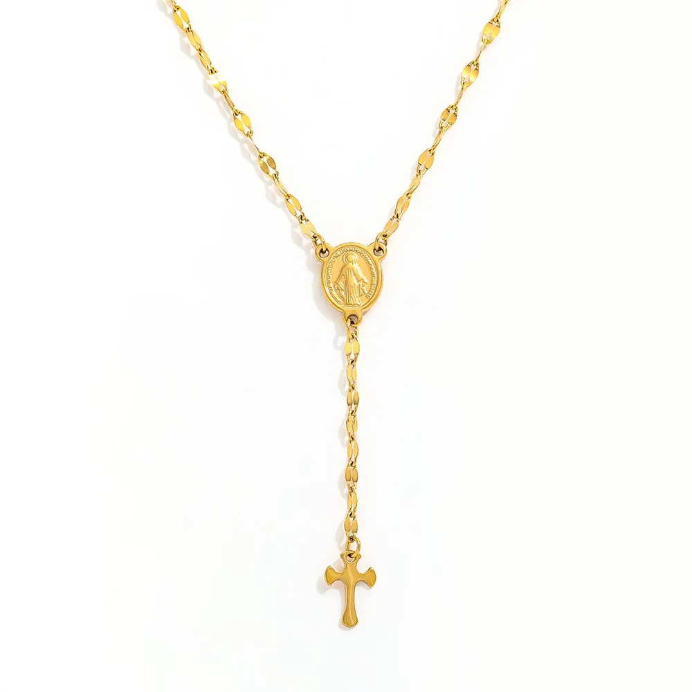 Joolim Jewelry Dainty Flat Chain Y Tassel Jesus Figure Cross Pendant Necklace 18K Gold Plated Stainless Steel Trendy  Necklace