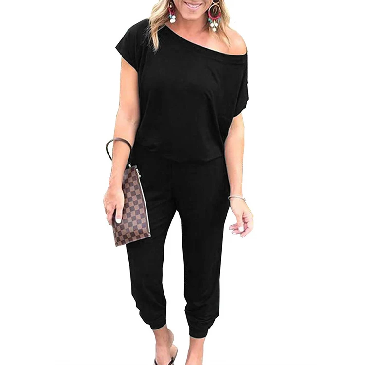 Loose Solid Off Shoulder Elastic Waist Stretchy Romper Jumpsuits Women 2019
