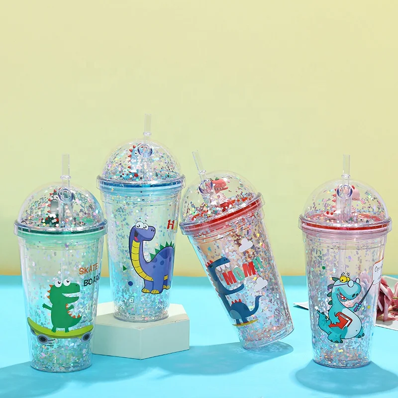

Cartoon dinosaur cute plastic double walled cup straw water bottle for children