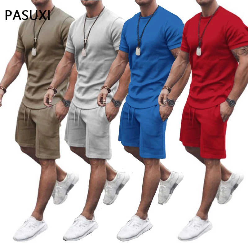 

PASUXI Summer Fashion Men Jogger Set Fitness Suit Sport T Shirt Men Breathable Shorts Plus Size 2 Piece Short Set, As picture