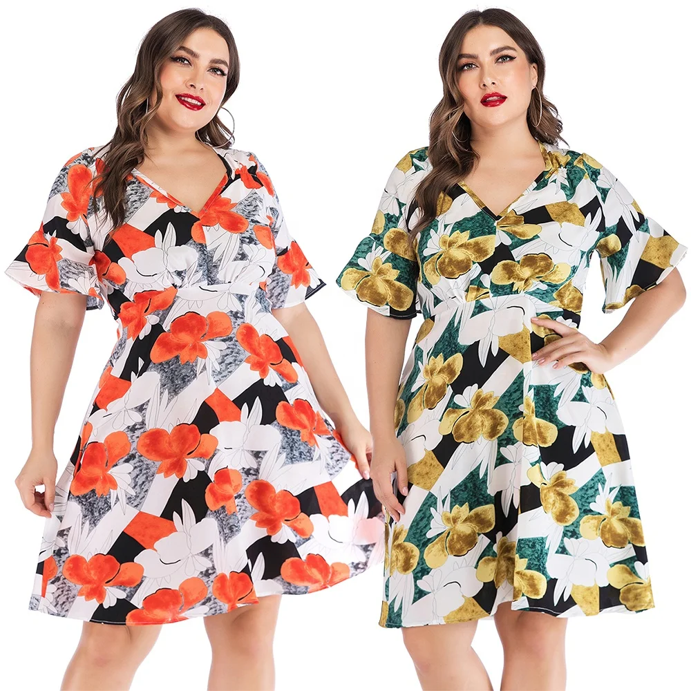 

summer women clothing V-neck Ruffle printed patchwork long dress for women plus size clothing