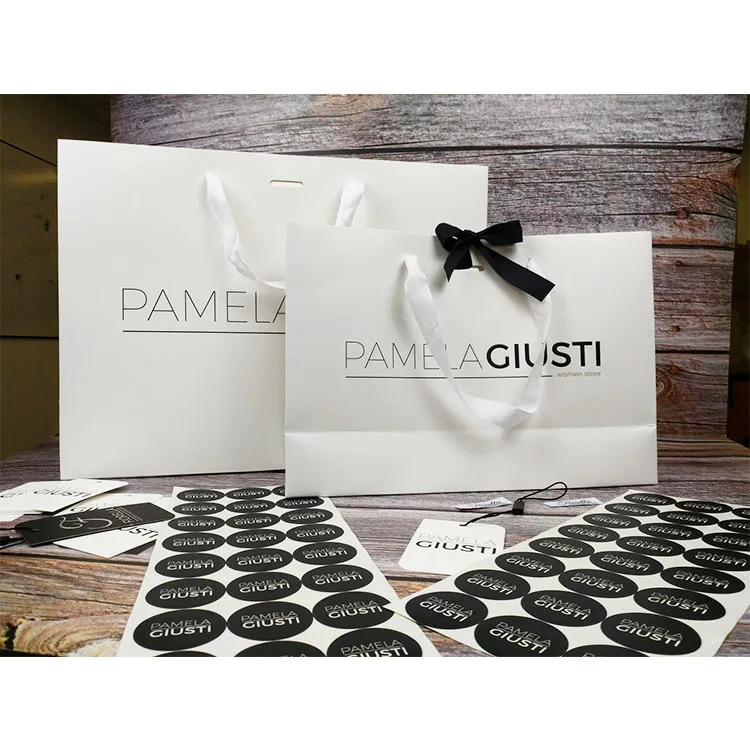 Wholesale Custom Printed Logo Design Green Pink Blue White Luxury Brand Boutique Wedding Paper Gift Bag With Ribbon Handle
