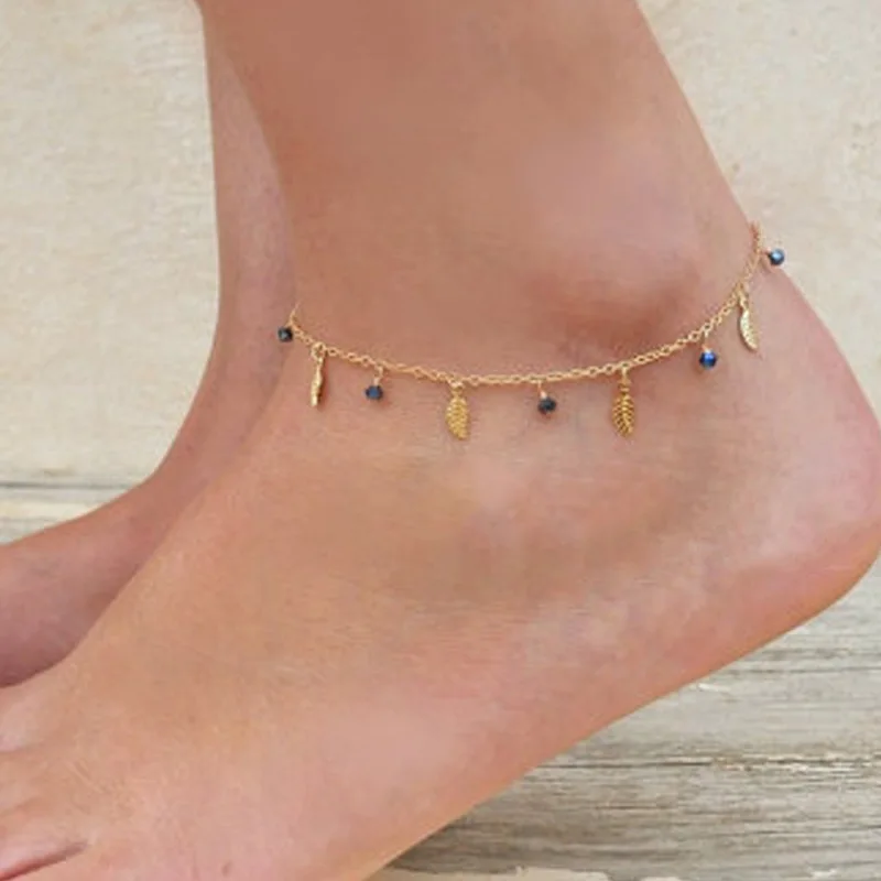 

Shangjie OEM Simple and delicate small leaf tassel anklet foot jewelry gold bulk anklets, Gold/sliver