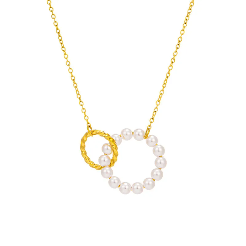 

Elegant 18k Gold Plated Chain Stainless Steel Interlocking Circle Necklace Double Circle Ring Pearl Pendant Necklace for women