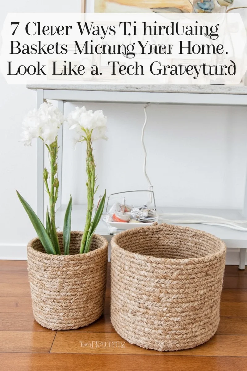Basket placed under TV stand to collect cords and gadgets
