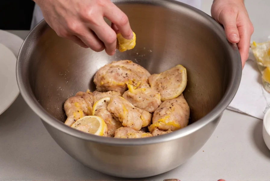 Professional chef hand-mixing lemon zest and black pepper into chicken thighs in stainless steel bowl