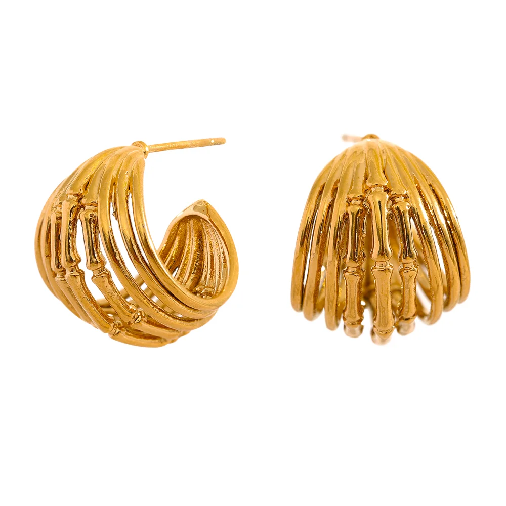 

JINYOU 1236 Stainless Steel Chunky Hoop Earrings Women Waterproof Bamboo Metal Statement Ear Pendants Gold Color Jewelry Charms