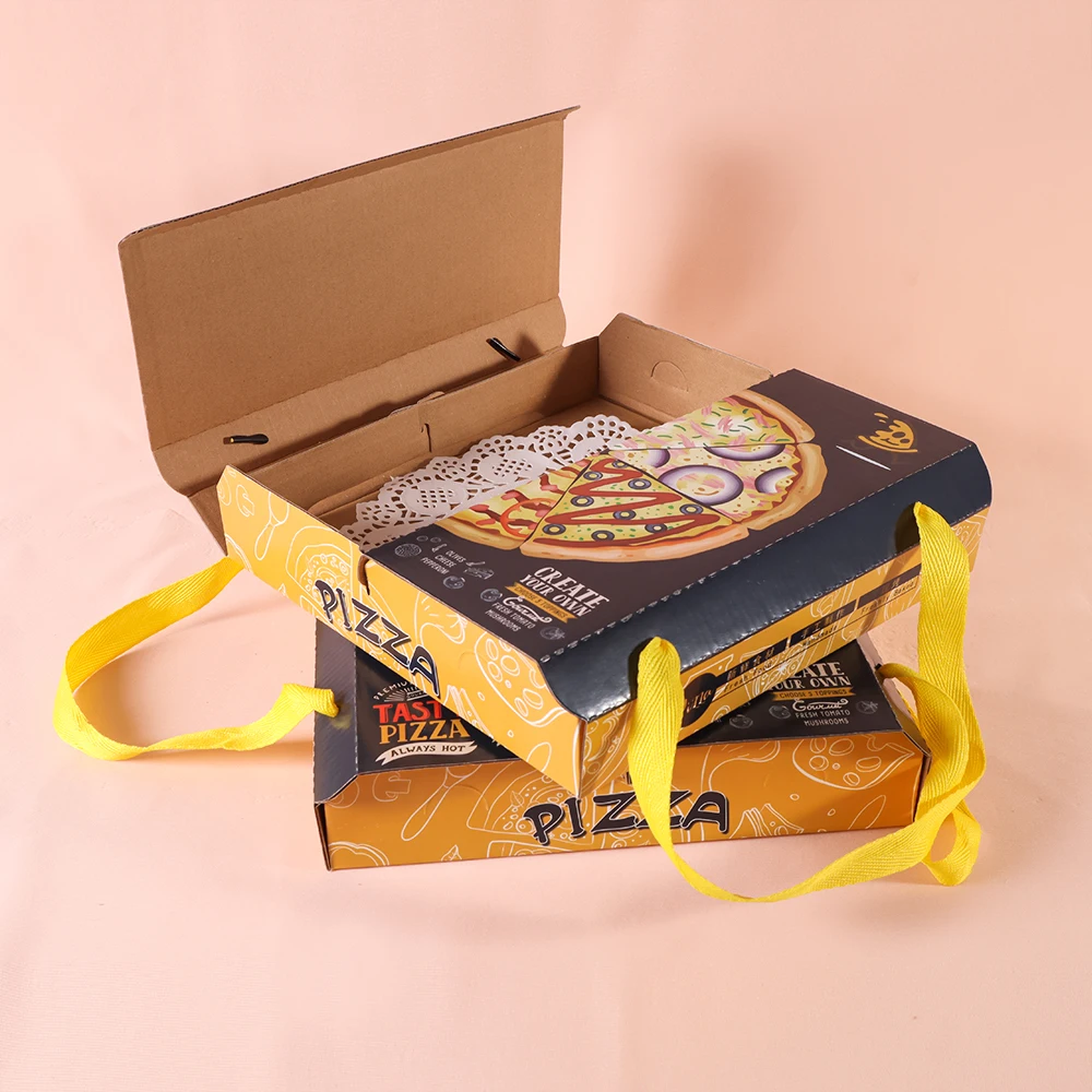回收环保纸板e长笛棕色牛皮纸波纹披萨切片包装盒带手柄