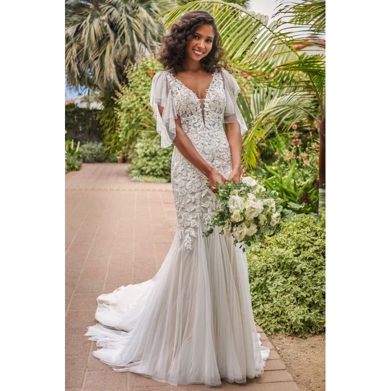 

11864# Elegant V-Neck Boho Sexy Flutter Sleeves Sweep Train Lace Applique Wedding Dress Mermaid Backless Wedding Bridal Gown