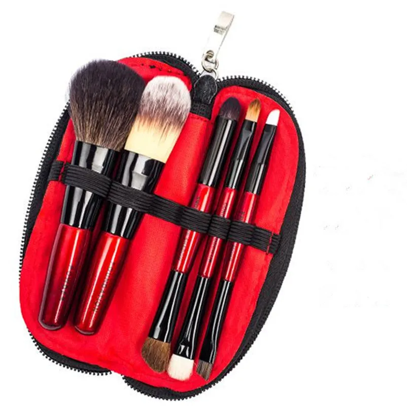 

HZM 5Pcs Travel Mini Goat Hair Red Makeup brush set with bag Foundation BB cream Powder Eye shadow Ducare Cosmetic Private Logo