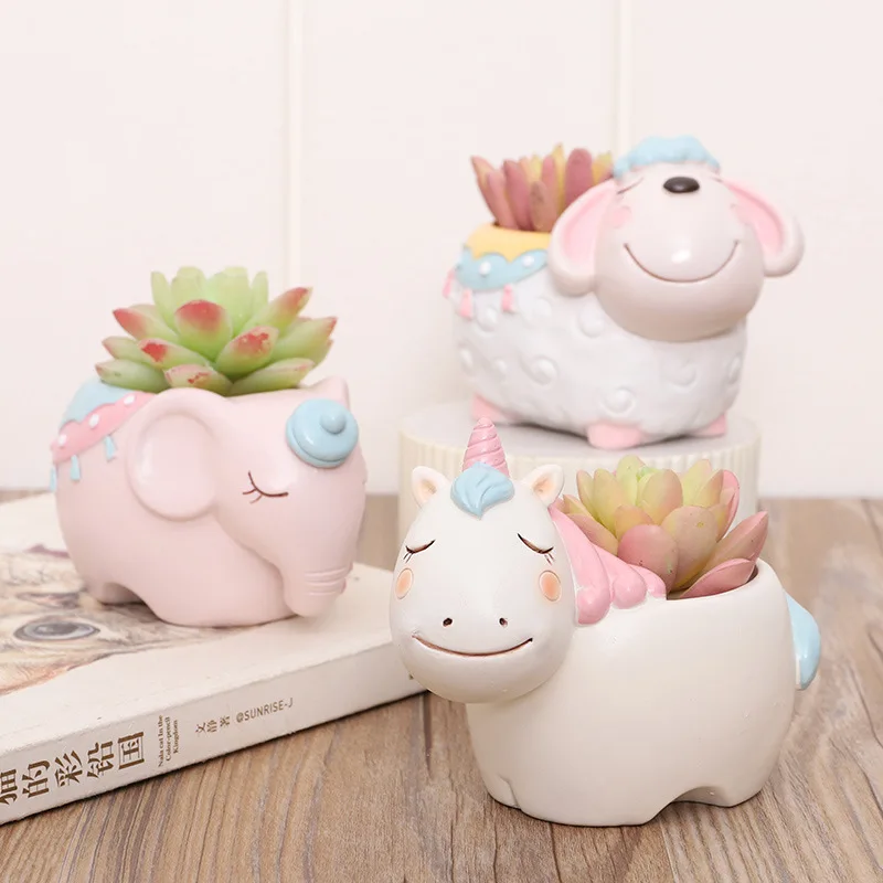 

Drop shipping resin cute cartoon animal unicorn shaped flower pots for home decoration garden succulent planter pot for balcony