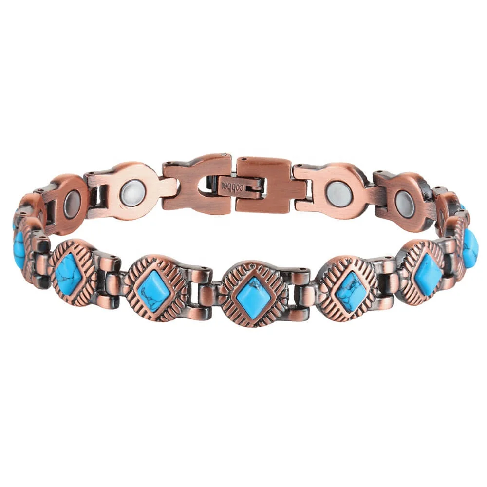 BioMagnetic Jewelry  Adjustable Link Turquoise Stones Therapeutic Energy  Women Copper Magnetic Bracelet