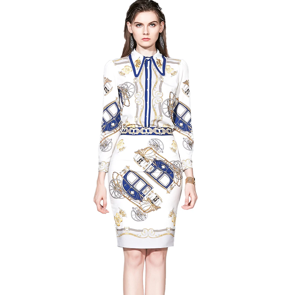 HG4239# Australia Style Latest Printed Women Pearls Collar Shirt Ladies Elegant skirt Formal Office 2 pieces suits