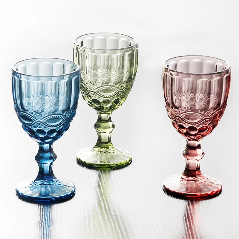 

Wholesale Glassware Colored Goblet Wine Glasses Water Glass Pressed Blue Glass Goblets, Multi colored glass