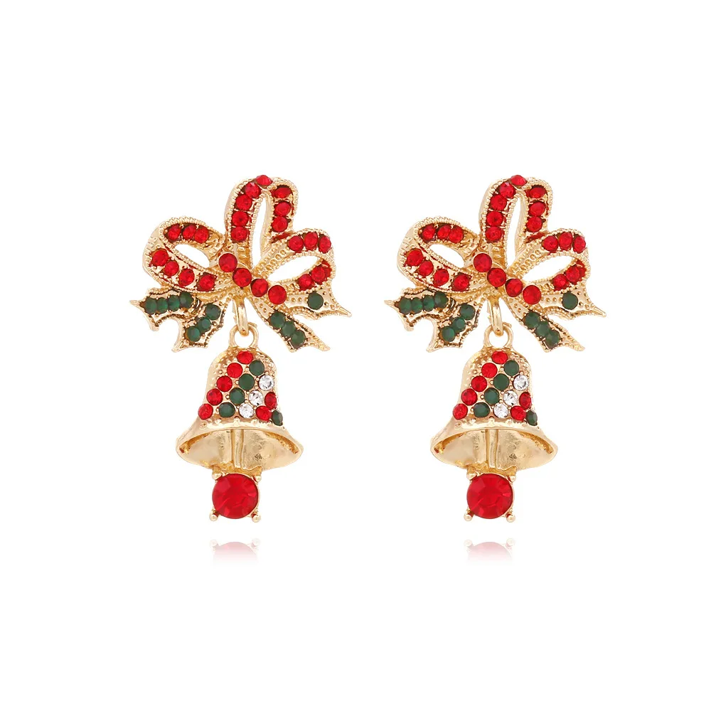 

European and American New Christmas Earrings with Diamond Bow Knot Bells Retro Christmas Colorful Diamond Earrings for Women