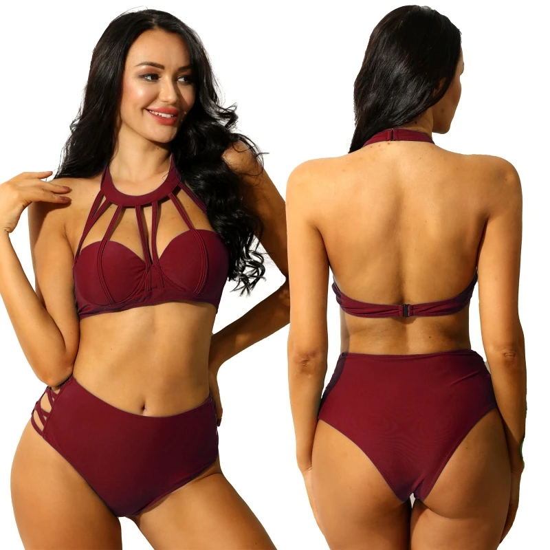

Low Price Women Halter Backless Bra With High Waist Thong 2 Pcs Summer Swimsuits Bathing Suits Bikini Set