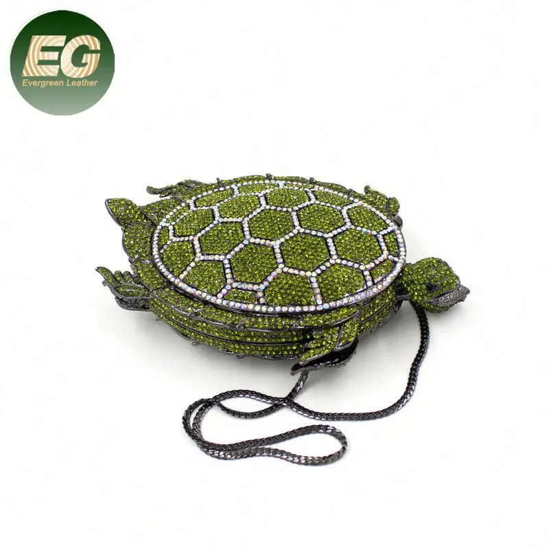 

LEB1231 women rhinestone evening clutch animal purse 2020 tortoise turtle shape bridal crystal party bag, Black,green,colorful