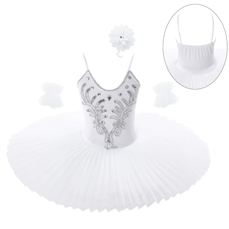 

Wholesale Girls Dance Outfit Rhinestone Sequins Ballet Tutu Skirted Leotards Dress With Arm Sleeves Hair Clip Set Kids
