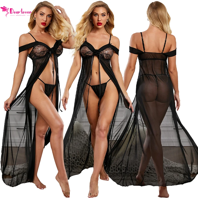 

OEM Sexy Nighty Design Black Sheer Long Sleeve Lace Pajama Transparent Women Robe Night Gown, Customized