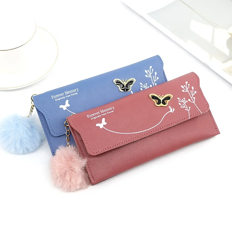 

New Arrival Long Slim Wallet With Hairball Butterfly Printed Bifold Multi-Function Multi-Card Slot Coin Purse For Women, 7 colors