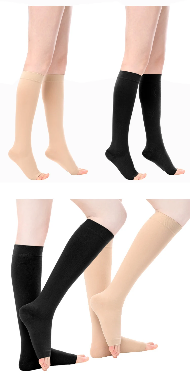 Open Toe Thigh Highs with Silicone Top Band Stocking Compression Socks 15-20 mmHg