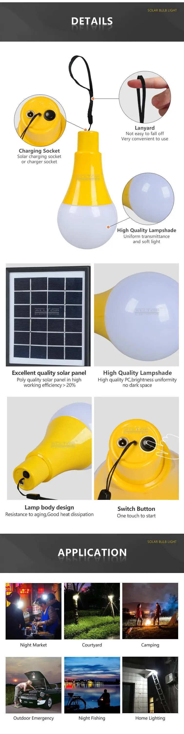 ALLTOP solar battery rechargeable outdoor indoor 5w solar led bulb light