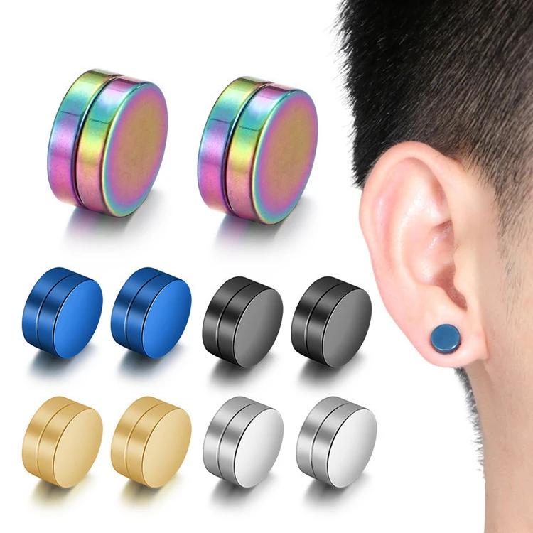 

Custom Boys Round Unisex Punk Style Clip On Mini 6mm 8mm 12mm Stainless Steel Non Piercing Men Magnetic Stud Earrings, Picture shows