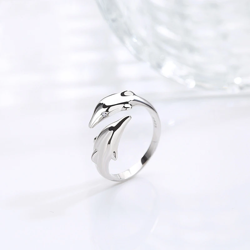 

New Creative Lover Jewelry Trendy Double Dolphin Women Silver Rings Jewelry Wholesale Promotion Gifts Swim Couple Finger Ring