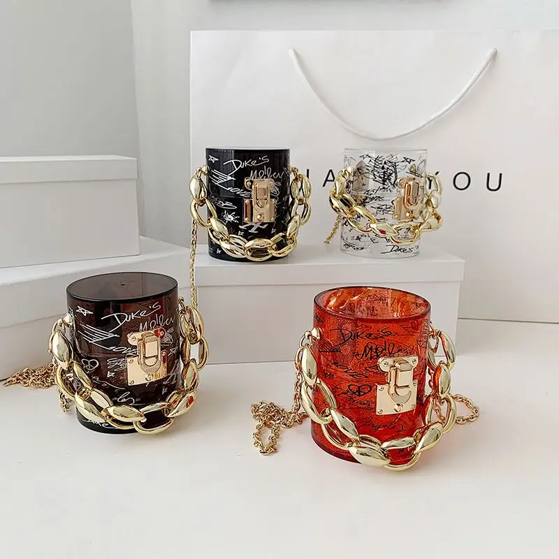 

New style graffiti PVC acrylic purse ladies chain shoulder bag colorful arcylic purse chains, White pink red