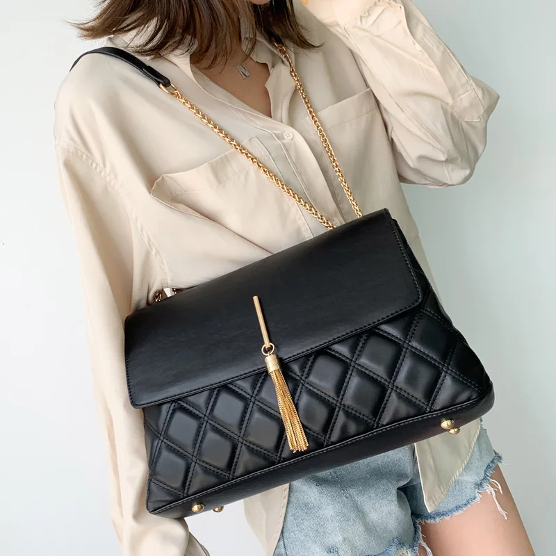 

Hot selling lady pu leather purse and handbags wholesale women tassel large chain rhombic shoulder bag, As picture