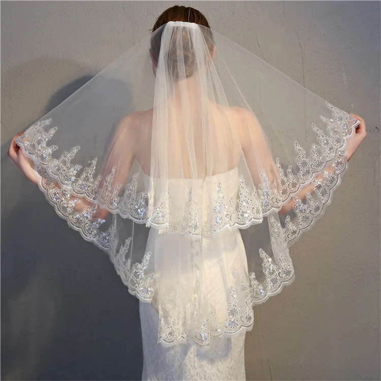 

New Wedding Dress Bridal Veil Double Band Hair Comb Exquisite Sequin Lace Photography Wholesale Cheap