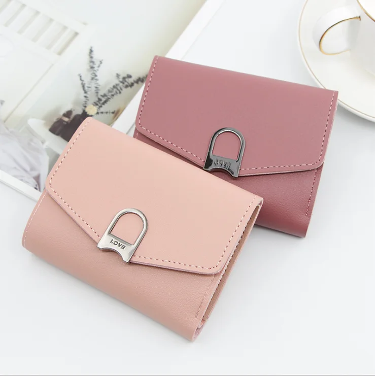

Wholesale Candy Color PU Women Wallet Ladies Purse Mini Card Holder Small Money Clutch Purse Three Fold Wallet With Love Lock, Pink/ red/ gray/ blue/ dark pink/ black/ green
