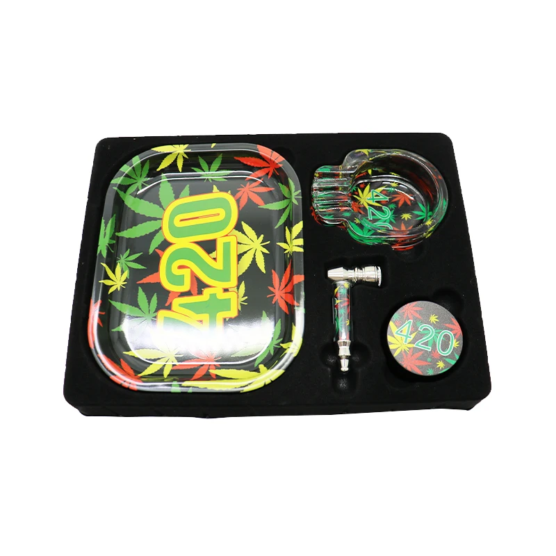 

Amazon HOT Selling Smoke Shops Supplies Smoke Tray Set Rolling Tobacco Grinder With Pipe Sets Glass Ashtray, As customer's request