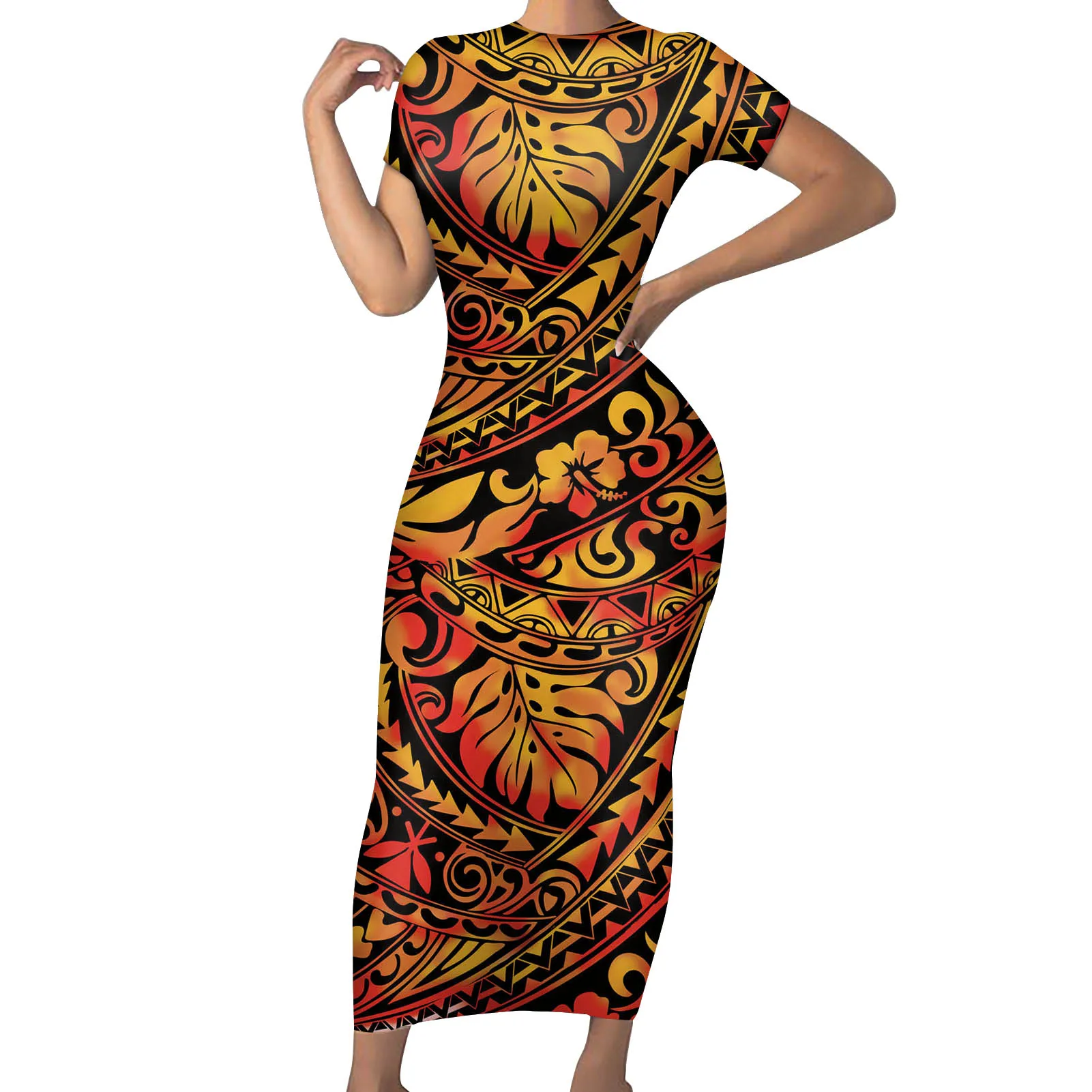 

Fashion Women Bodycon Dresses Plus Size Ladies Wear Polynesain Tribal Flower Fabric Muslim Long Dress Turkey Women Office Dress, Customized color