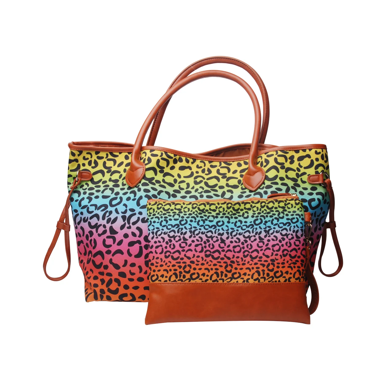 

Wholesale rainbow Leopard Canvas Weekender Bag Customized Cheetah Tote Bag ODM Carry-on Women Purse with PU Handle DOM388, Accept custom made