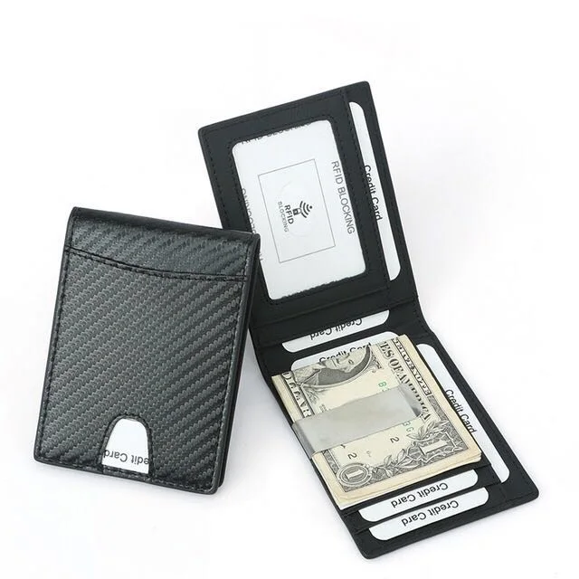 

Slim Minimalist Carbon Fiber Wallet Fashion Men's Bifold RFID Blocking PU Leather Money Clip Wallet
