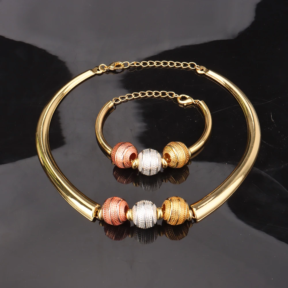 

Round Rose Gold Plated Bead Adjustable Wedding Women Necklace Set Jewelry