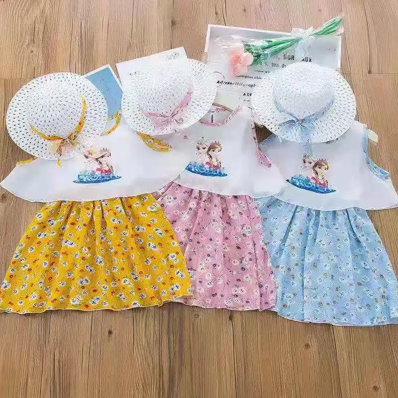 

Summer Girls Dress Elsa and Anna Print Floral Chiffon Dress with Hat