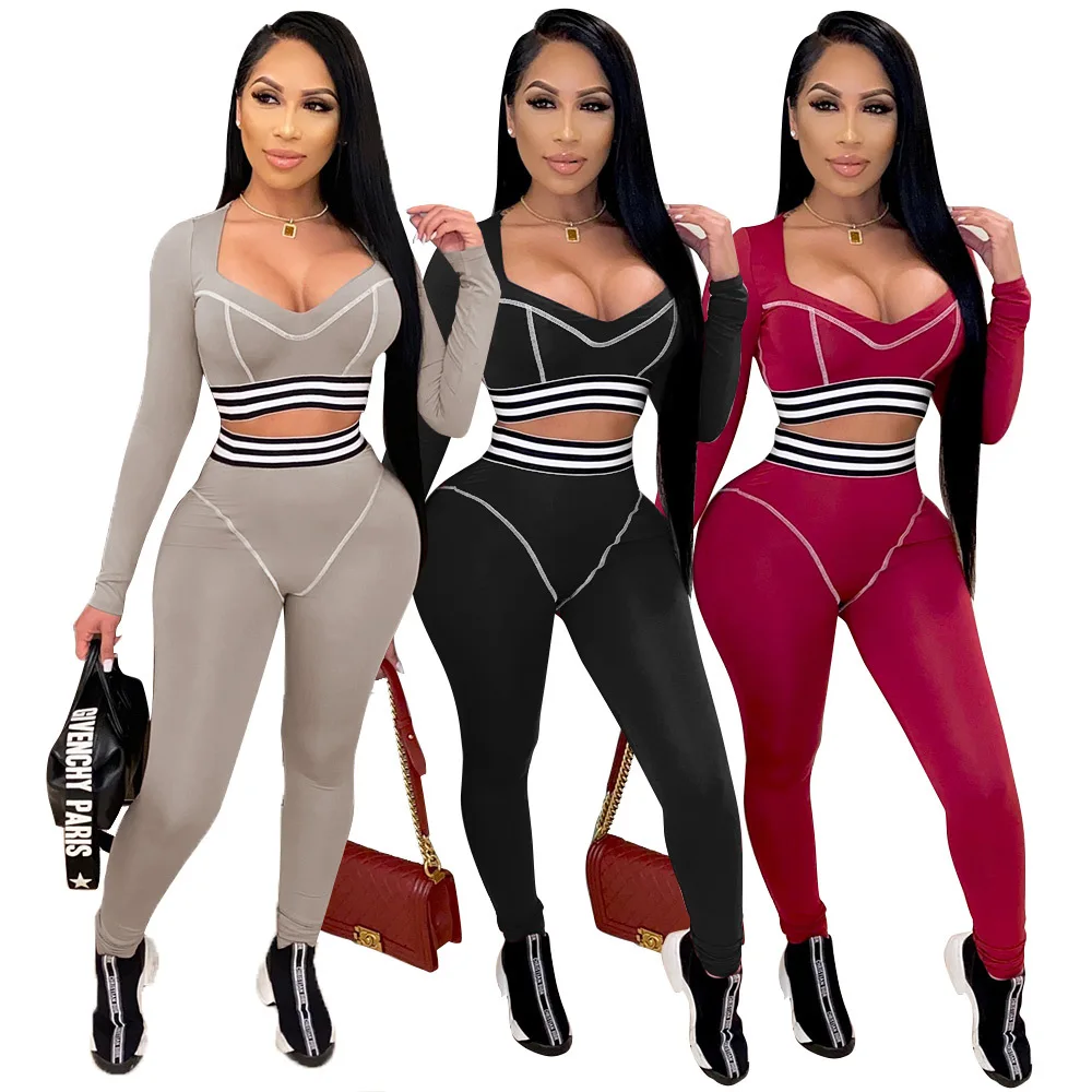 

V-Neck Color-Blocking Stripes Sports Two-Piece Spring Fashion Women'S Clothing