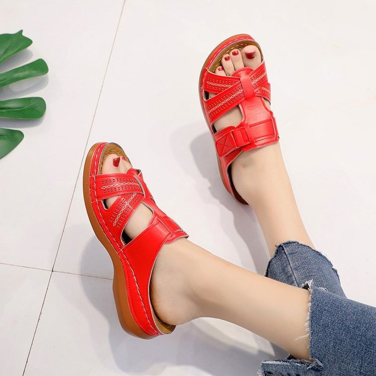 

2021 Summer Women Premium Orthopedic Open Toe Sandals Vintage Breathable Leather Casual Sandals Female Platform Retro Shoes, As photo