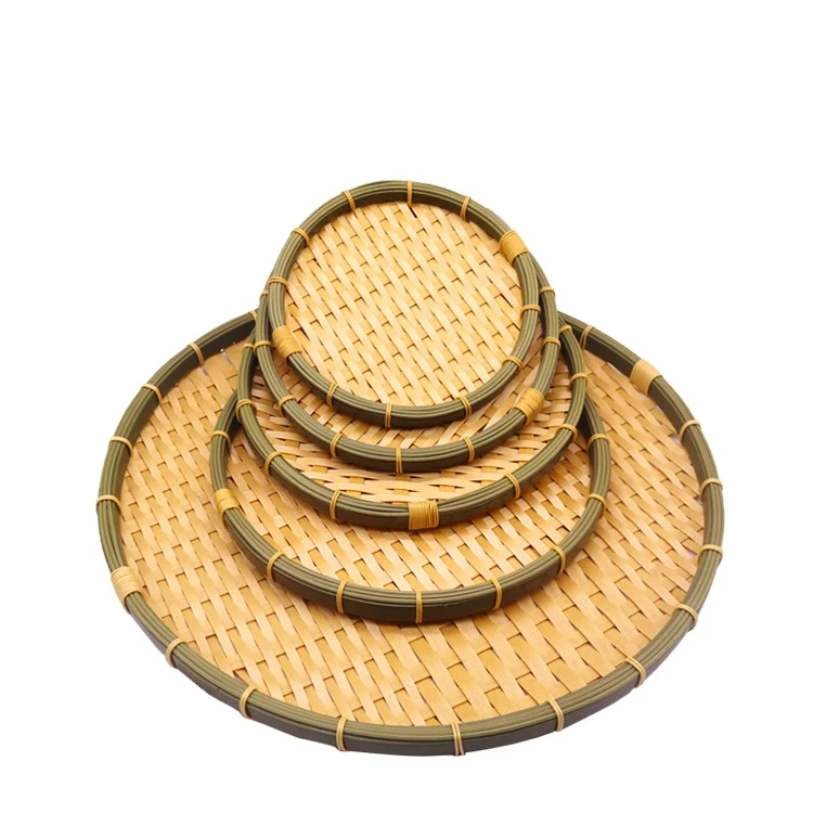 

Factory wholesale washable poly round fruit food snack holder bamboo flat baskets plastic and bamboo basket for restaurant hote