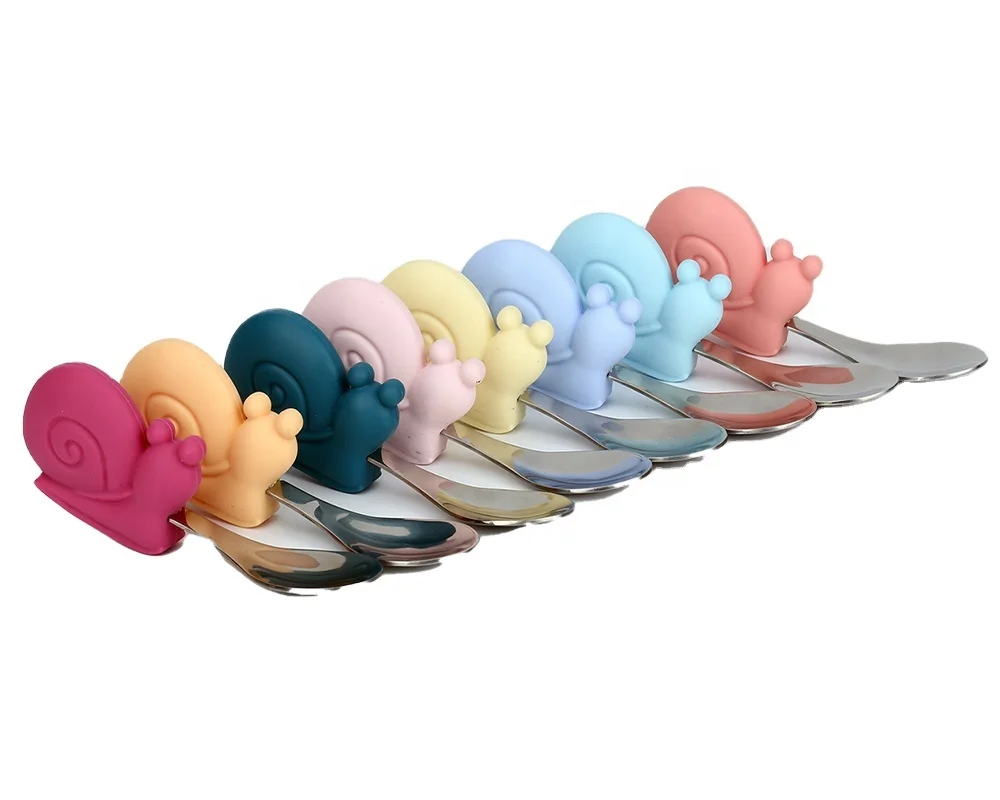 

Best Sale Snail Silica Gel Baby Silicone Stainless Steel Spoon And Fork Set, 8colors