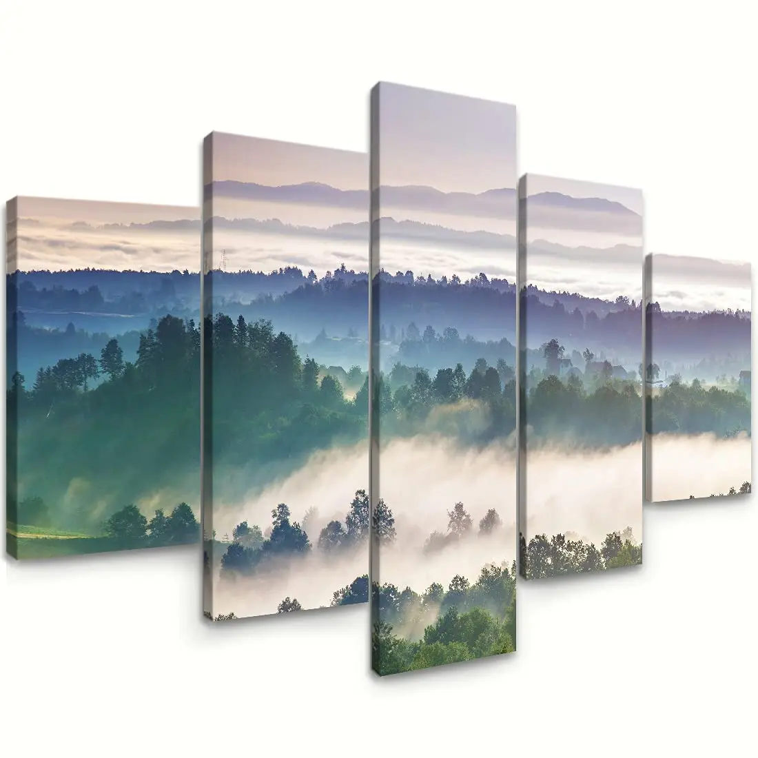 

Modern 5 Panel Large Size Foggy Forest Trees Landscape Artworks Painting Canvas Wall Art Print For Home Living Room Decoration