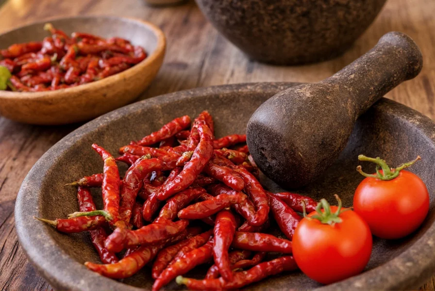 Traditional Mexican mortar and pestle with rehydrated guajillo chilies, chipotle peppers, and fresh tomatoes for authentic chipotle red chili salsa preparation