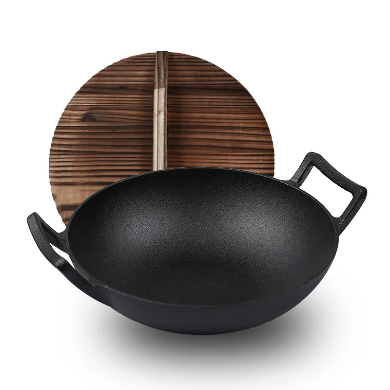 

12.6 Inches Pre-Seasoned Cast Iron Wok with 2 Handles and Wooden Lid